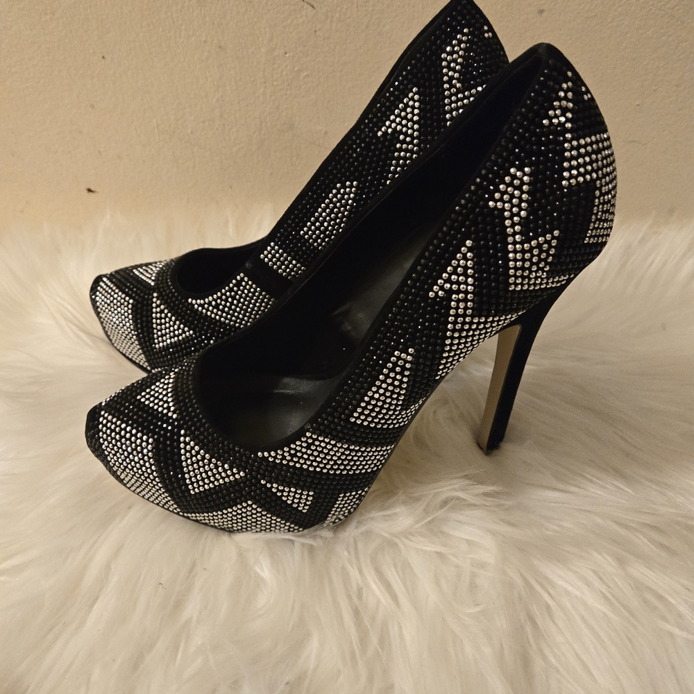 Aldo Women Heels 6.5 Black Silver Rhinestones Pull On Platform Stiletto Shoes